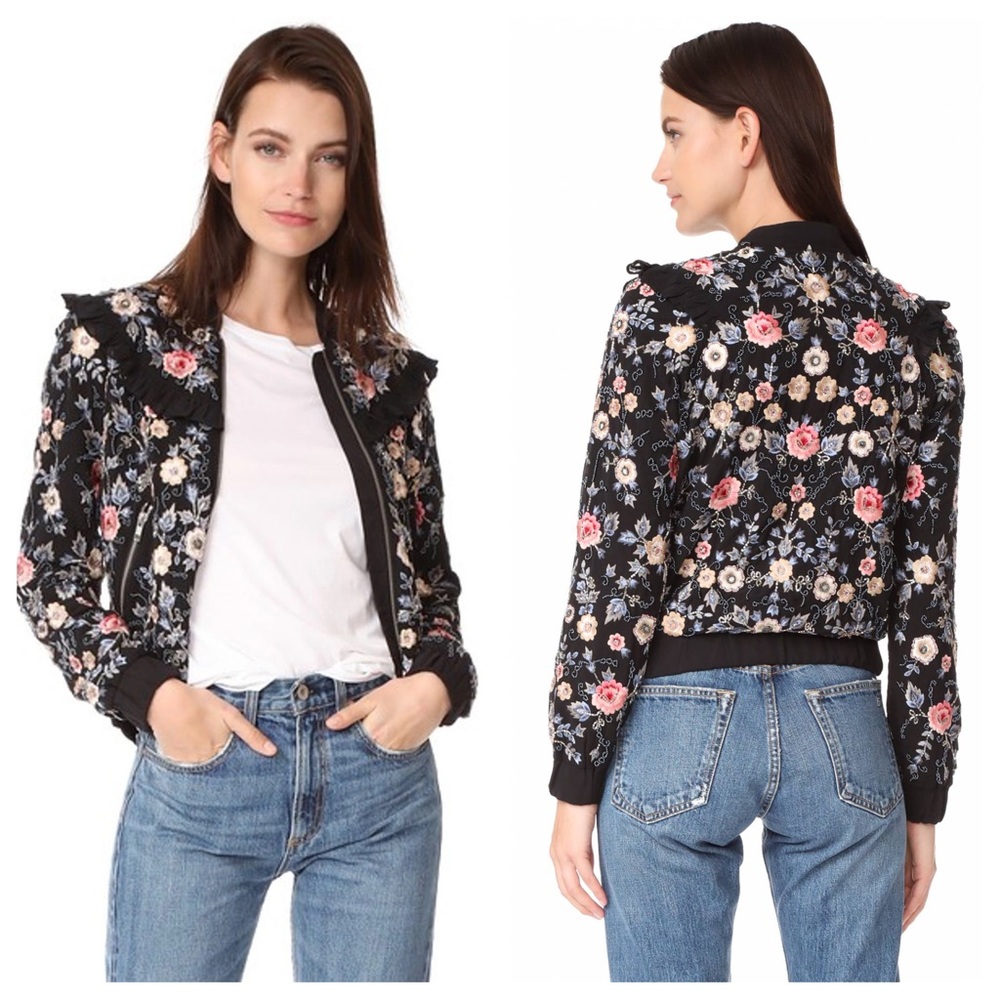 Needle & Thread 💕 Beaded and Embroidered Whisper Ruffle Bomber Jacket Size 4